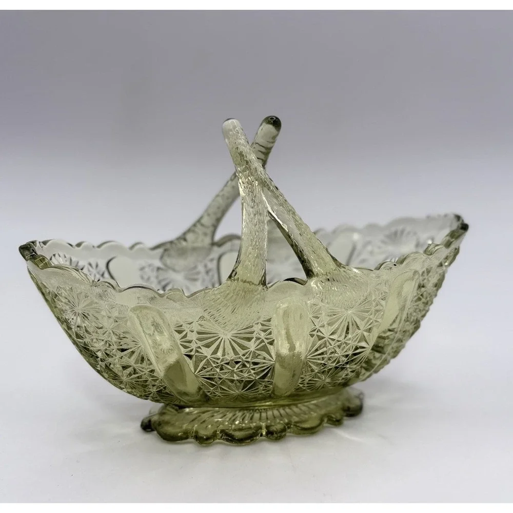 Vintage Fenton Art Glass Colonial Green Daisy Button Split Twig Handle Basket 6”